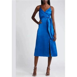 NEW CHELSEA28 Side Tie Satin Dress In Blue Marmara Size Medium